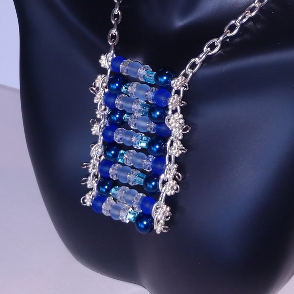 Handmade Blue Beaded Statement Necklace With Silver Tone Chains - Picture 8 of 16